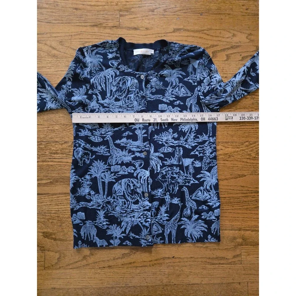 Tory Burch Women's Safari Print Semi Sheer Button Up Cardigan Blue Size Small